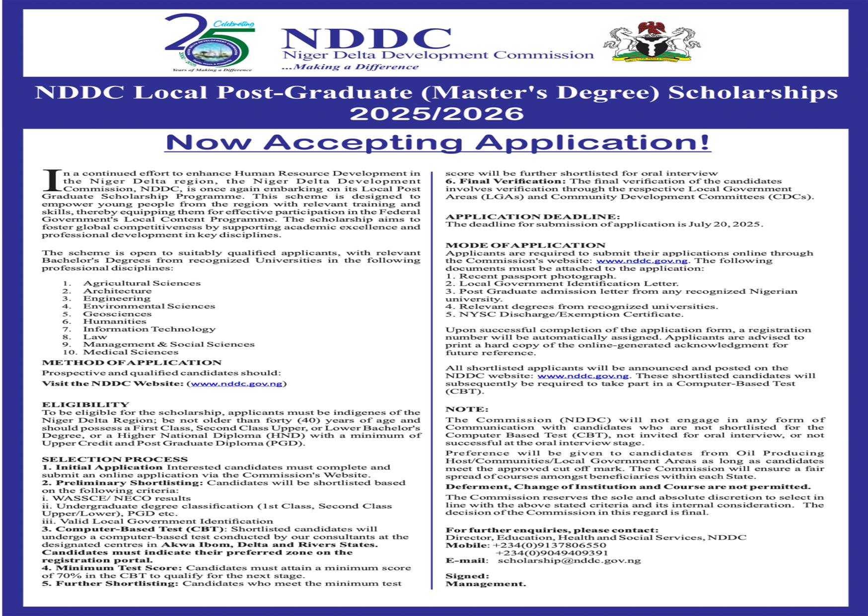 
	NDDC Fully Funded Masters  Scholarship for Nigerians (Local)
